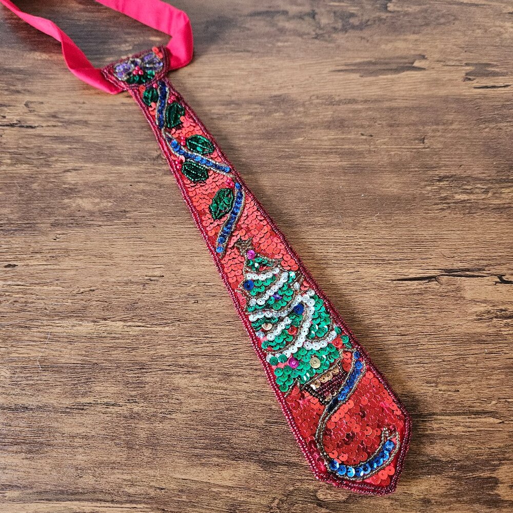Vintage 90s Christmas‎ Tree Ugly Sweater Party Sequin Embellished Neck Tie